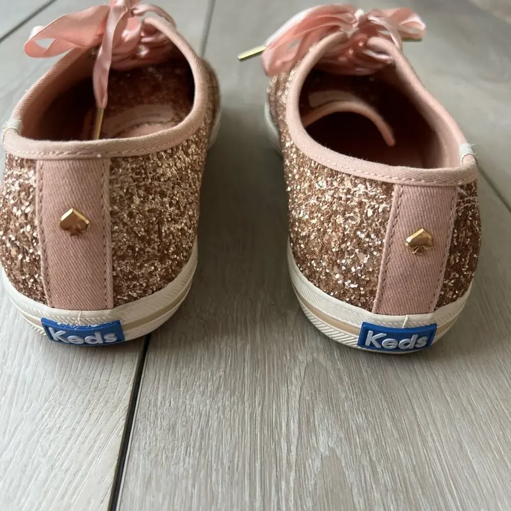 Kate Spade Keds Glitter Sparkle Rose Gold Ribbon Lace Sneakers size 8.5 - Picture 2 of 7